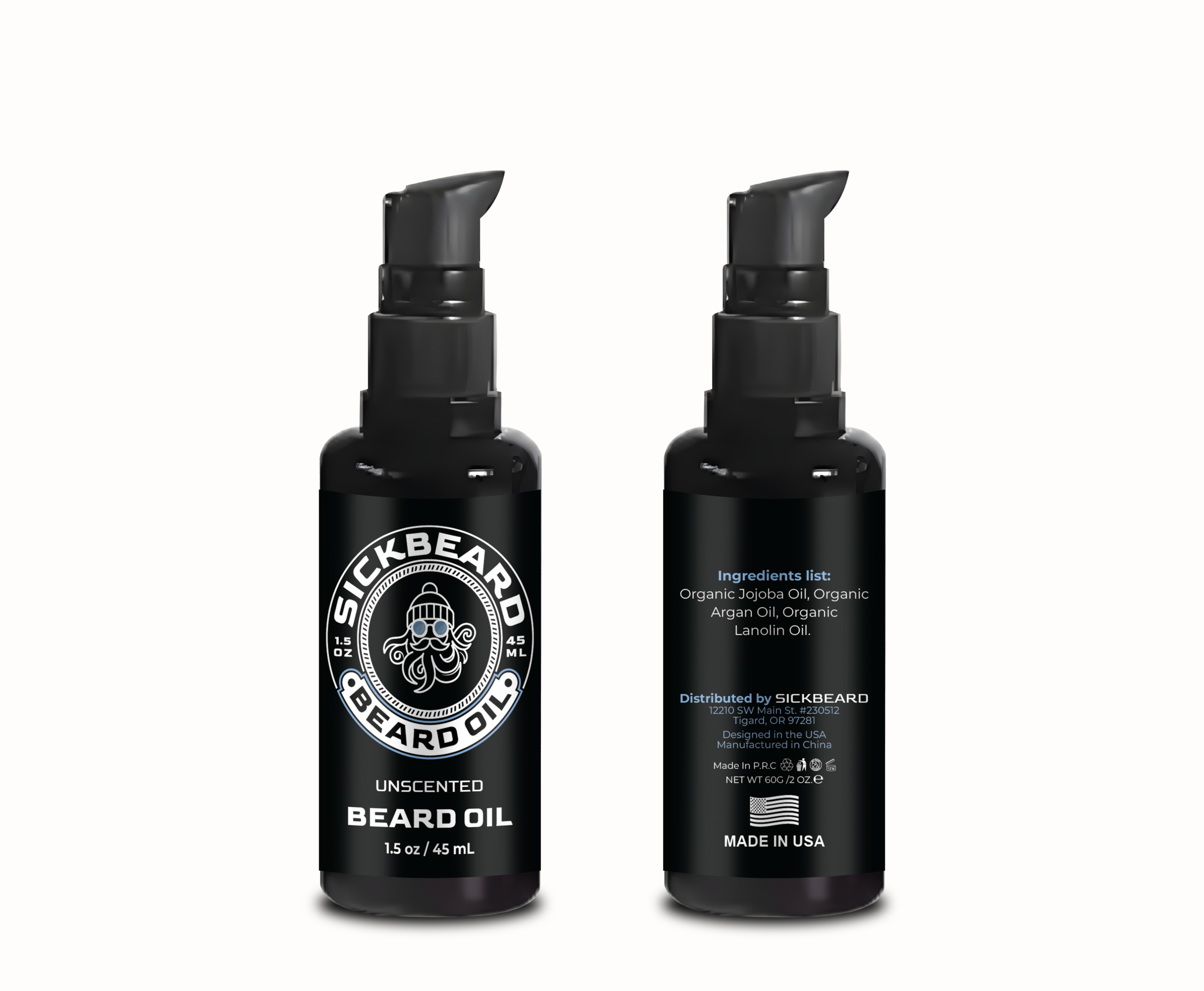 SickBeard Beard Oil front and back view showing ingredients - organic jojoba, argan, and lanolin oil